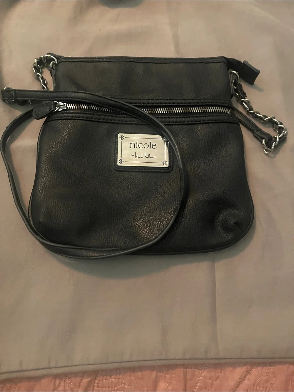 Nicole by Nicole Miller Black Faux-Leather Crossbody with Chain Accent